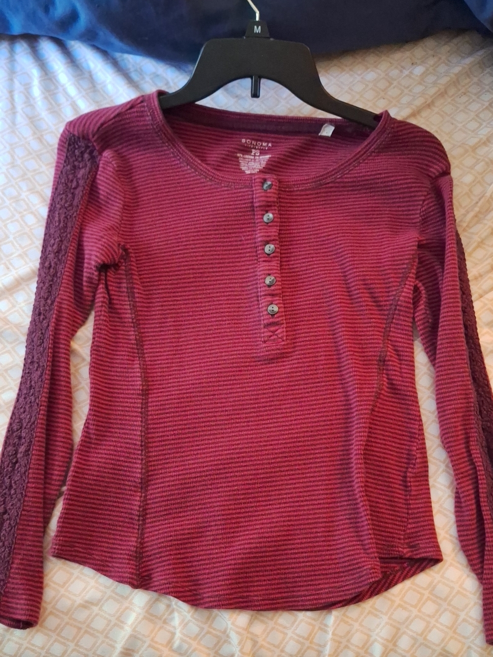 Sonoma - Burgundy and Black Striped Henley with Lace Sleeves